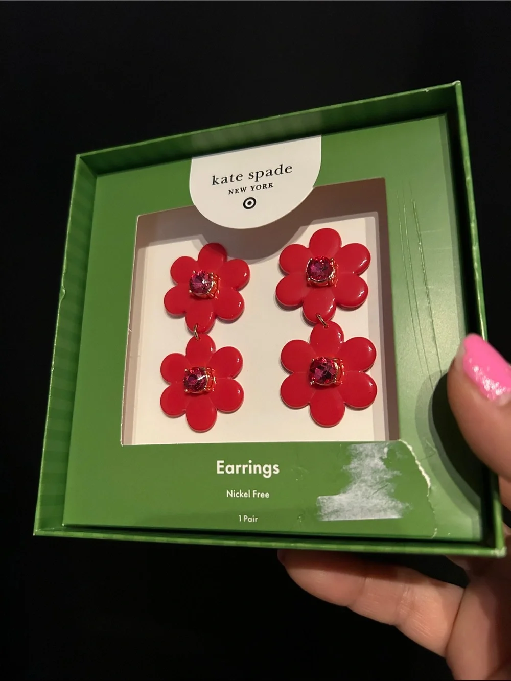 kate spade x Target Red with pink stones - Double Flower Drop Earrings
